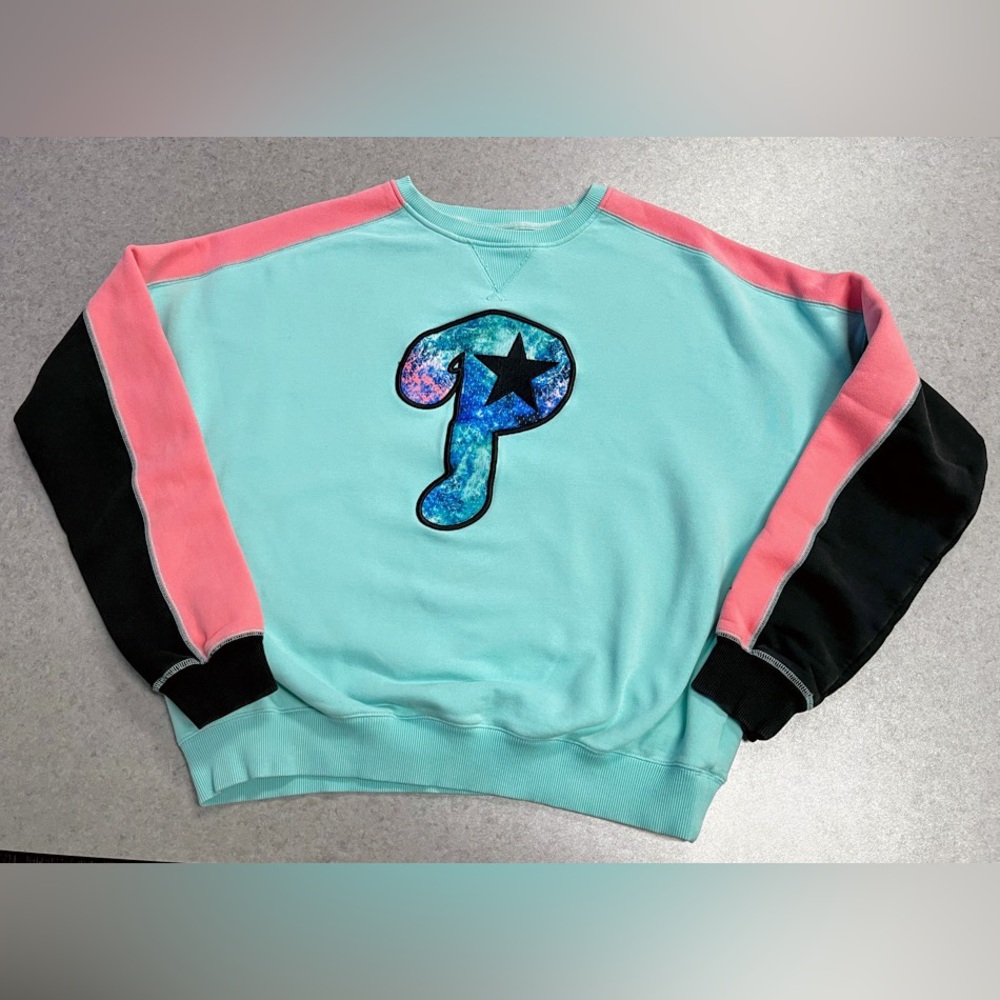 New Era Phillies Cooperstown Teal Pink Color Block Crewneck Sweatshirt—Large